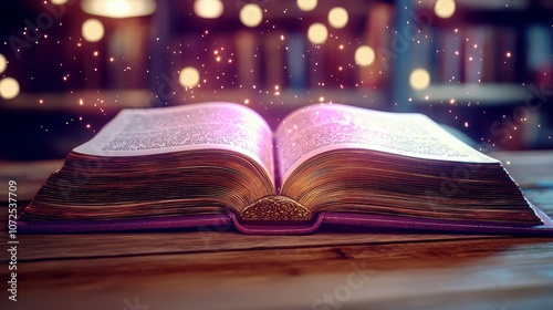 Enchanted Open Book with Sparkling Lights Against a Soft Background, Invoking Imagination, Knowledge, and Wonder in a Cozy Reading Atmosphere