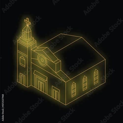 Isometric projection of a church building glowing with neon yellow light