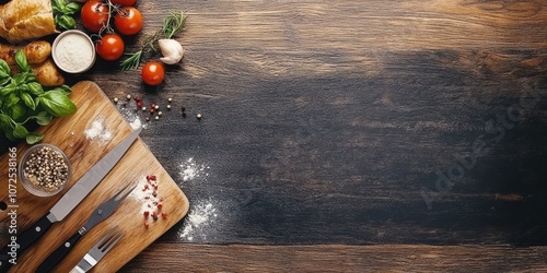 Rustic Wooden Background with Kitchen Utensils and Ingredients