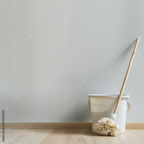 Mop and bucket on wooden floor near light wall, copy space, mop background