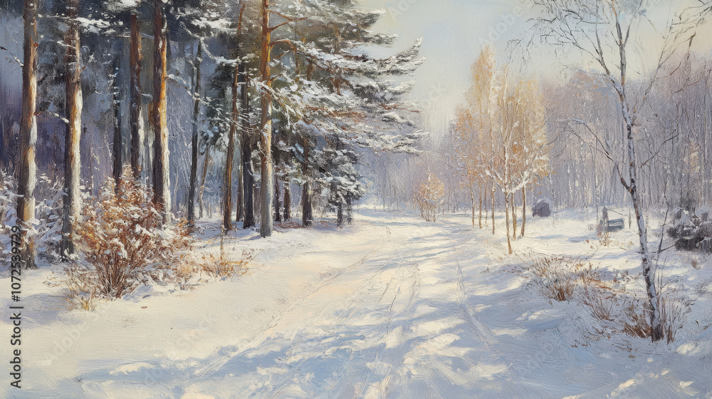 Obraz premium Picture a winter park blanketed in snow, where a serene stillness envelops the scene