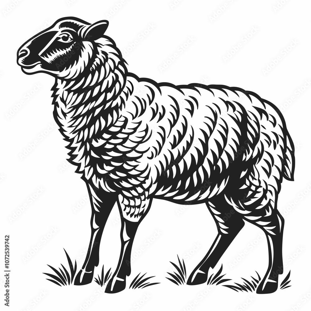 Detailed Sheep Silhouette Icon with Textured Wool Pattern, Side Profile, Black Vector Illustration Isolated on White Background Detailed Sheep Silhouette Icon with Textured Wool Pattern, Side Profile, Black Vector Illustration Isolated on White Background
