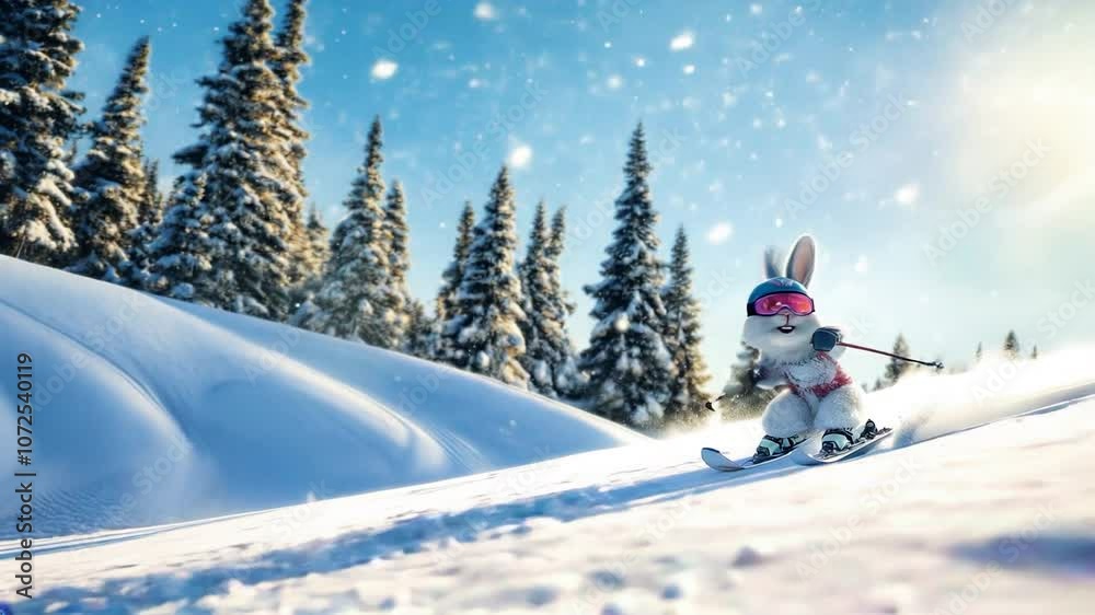 Ski vacation concept. Funny Animals skiing. Alpine Downhill Skiing Rabbit on Snowy Slope Wearing Ski Goggles and Helmet, Winter Fun Scene. Video made using Generative AI.
