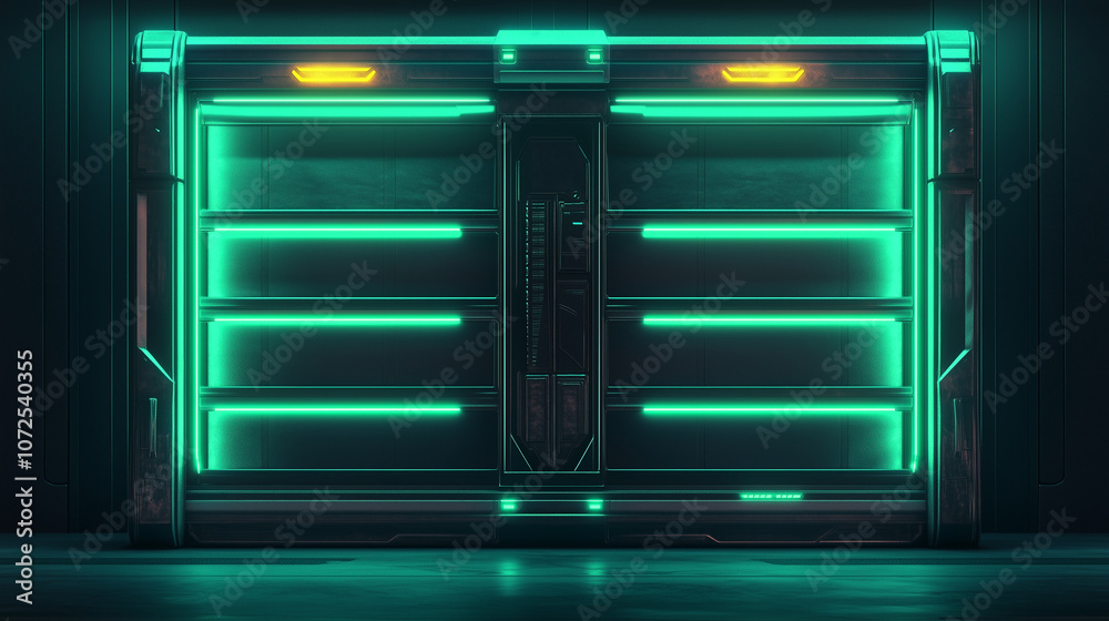 Obraz premium Futuristic sci-fi door with glowing neon lights and industrial design Illuminated sci-fi door with vibrant neon lights, futuristic technology, and industrial aesthetics