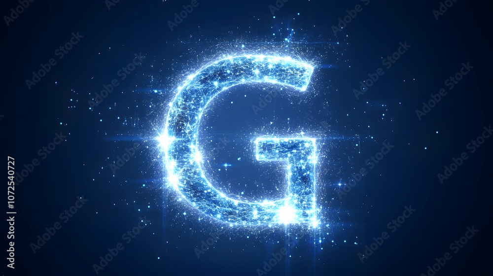 A glowing, blue, digital letter G, made up of small particles of light on a dark blue background. A glowing, blue, digital letter G, made up of small particles of light on a dark blue background.