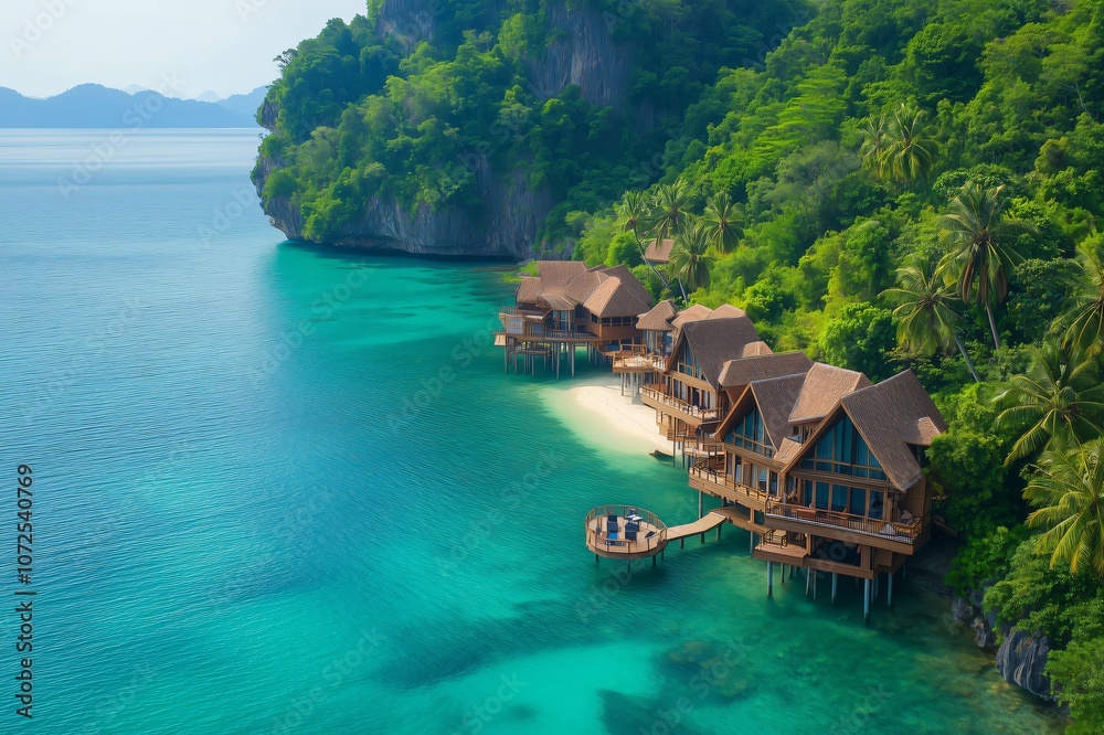 Luxurious overwater bungalows nestled on a tropical island paradise Luxurious overwater bungalows nestled on a tropical island paradise