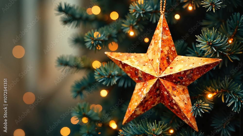 Festive origami star ornament on christmas tree with warm lights Festive origami star ornament on christmas tree with warm lights