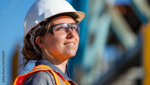 Young female site engineer with a safety vest and hardhat isolated on blue background