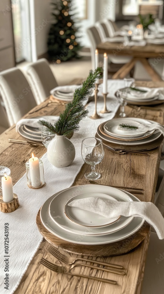 Fototapeta premium Neutral Holiday Tablescape Simple Elegant Place Settings Minimalist