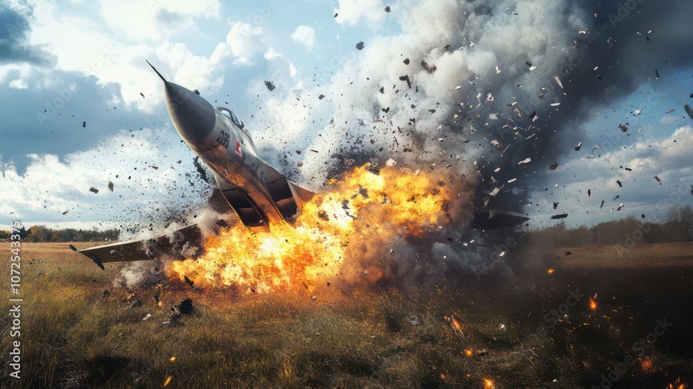 Fighter jet crashing into a field created with Generative AI Fighter jet crashing into a field created with Generative AI