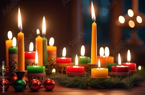 Kwanzaa Holiday celebration. Red, green, yellow candles. December Traditional African Festival. African heritage. Blurred background. African Americans remember, respect their roots
