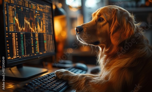 Curious dog attentively watching stock market trends on a computer screen photo