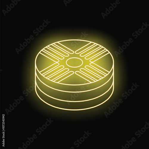 Bright yellow neon sign depicting a film reel, symbolizing cinema and entertainment