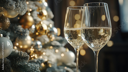 Close up of two glasses of sparkling wine served in front of a Christmas tree