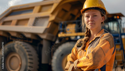 A young woman mine worker is standing in front of a large dump truck or grader. Looking at camera