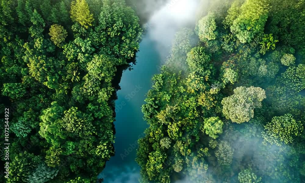 Aerial View of a River Cutting Through a Lush Green Forest Aerial View of a River Cutting Through a Lush Green Forest