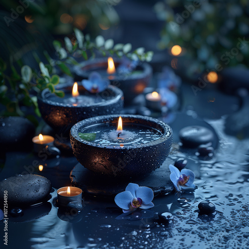 Luxurious spa setting with floating candles creating a sublime, comfortable and elegant atmosphere.