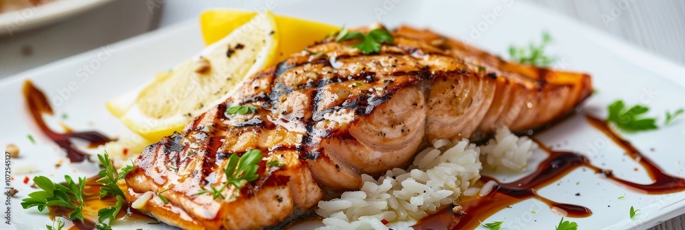 Grilled Salmon Fillet, Red Fish Steak Bbq with Rice, Lemon and Brown Sauce on White Background Grilled Salmon Fillet, Red Fish Steak Bbq with Rice, Lemon and Brown Sauce on White Background
