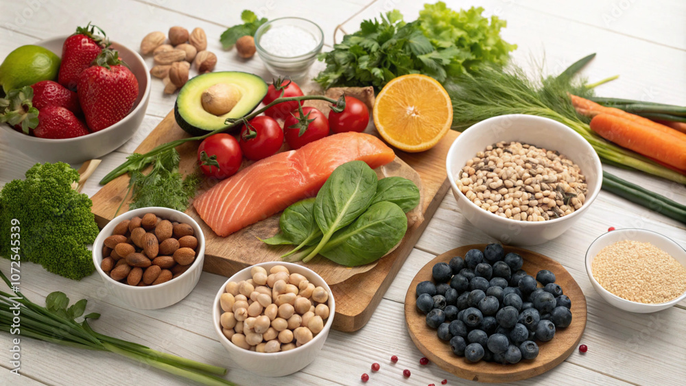 Healthy Food Assortment on White Table Healthy Food Assortment on White Table