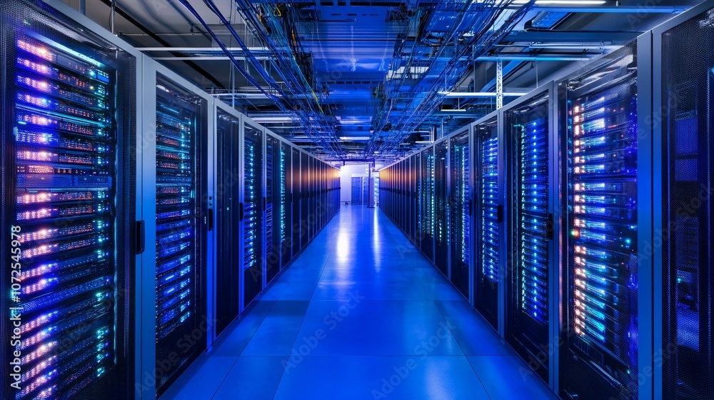 Blue Light Glows in Server Room Blue Light Glows in Server Room