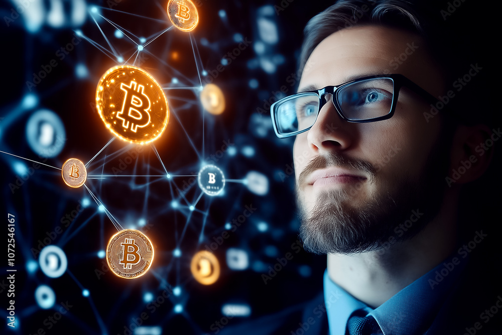 The young professional observes Bitcoin and crypto network symbols, reflecting on digital currency trends The young professional observes Bitcoin and crypto network symbols, reflecting on digital currency trends