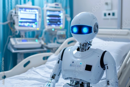 An image of a robot patient receiving medical care in a modern hospital