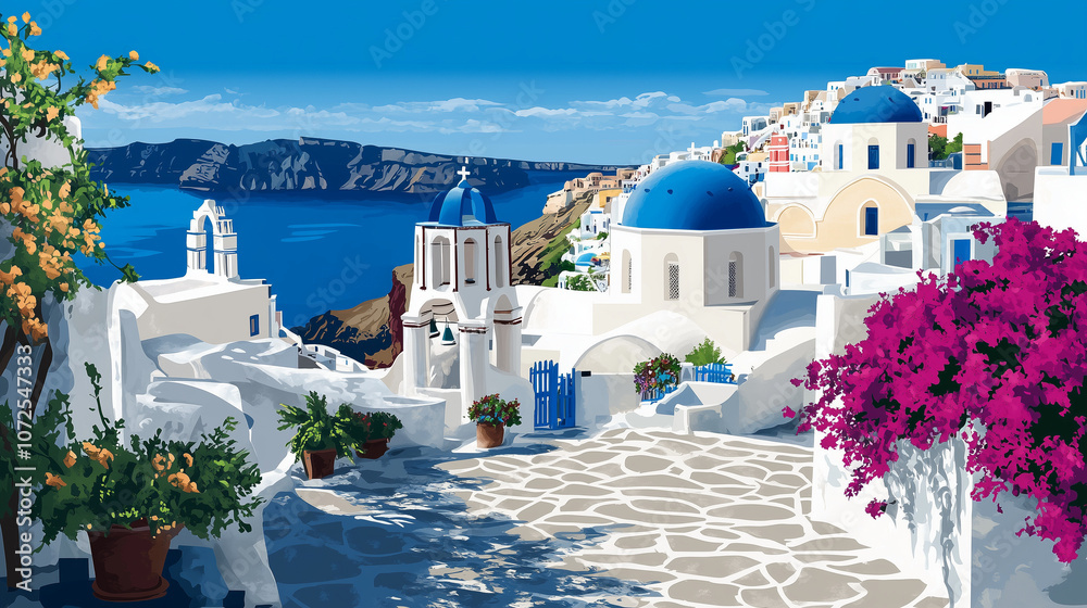 Fototapeta premium Illustration Vectorielle de Santorin avec Architecture Grecque Iconique