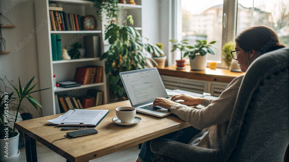 Young Woman Working on Laptop at Home Office Desk Young Woman Working on Laptop at Home Office Desk