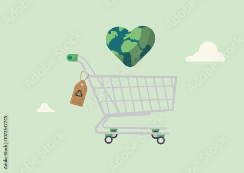 Sustainable Shopping: Earth-Friendly Cart. Eco-friendly shoping with earth. Sustainability concept. Eco procurement. Ethical buying. Vector illustration