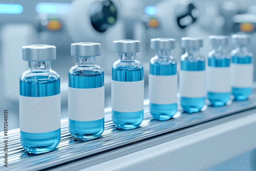 The robotic arm of an automatic capping and labeling machine passes plastic bottles along the conveyor belt. This is a cosmetic industry and stock machinery concept. The robotic arm of an automatic capping and labeling machine passes plastic bottles along the conveyor belt. This is a cosmetic industry and stock machinery concept.