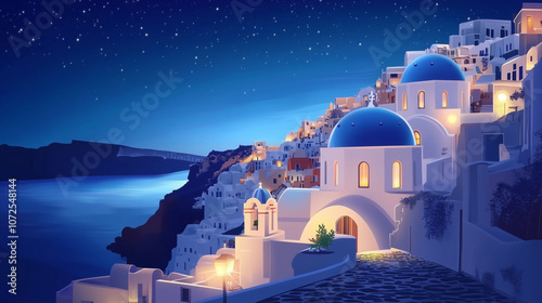 Illustration Vectorielle de Santorin la Nuit sous un Ciel Étoilé