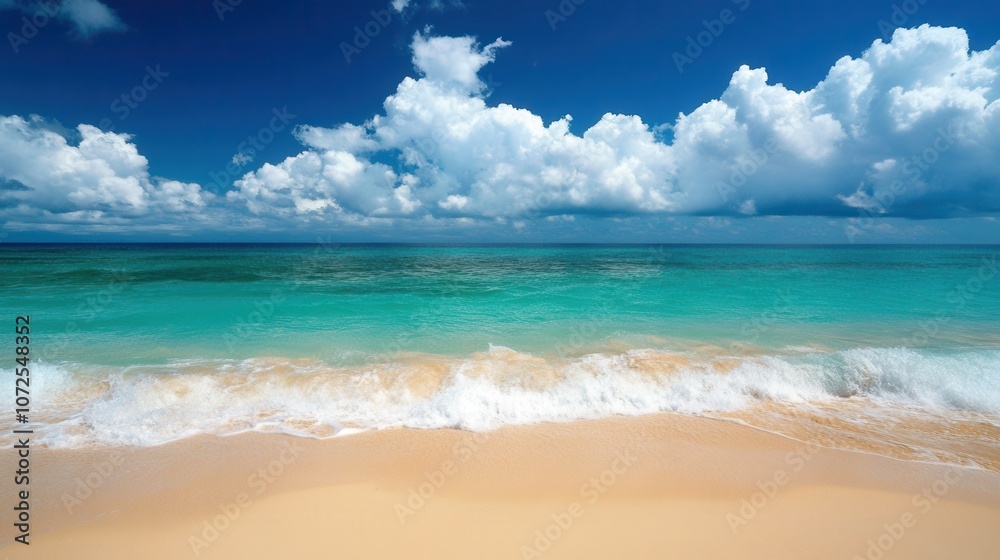 Idyllic tropical beach with golden sand and crashing waves under a blue sky Idyllic tropical beach with golden sand and crashing waves under a blue sky