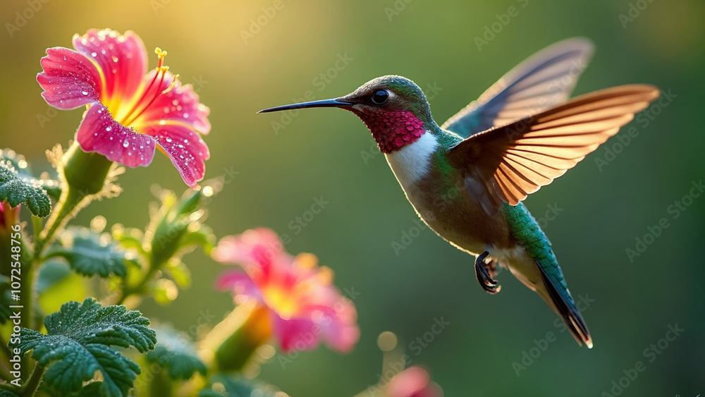 Fototapeta premium Close-up of a hummingbird hovering near a vibrant tropical flower, illuminated by warm sunlight. Perfect for use in wildlife guides, nature blogs and eco-friendly advertisements.