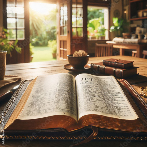 An opened bible with heaven background