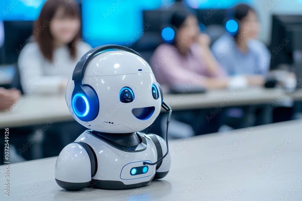 Obraz premium In the contact center at work, happy coworkers are wearing headsets while they work with humanoid robot colleagues.