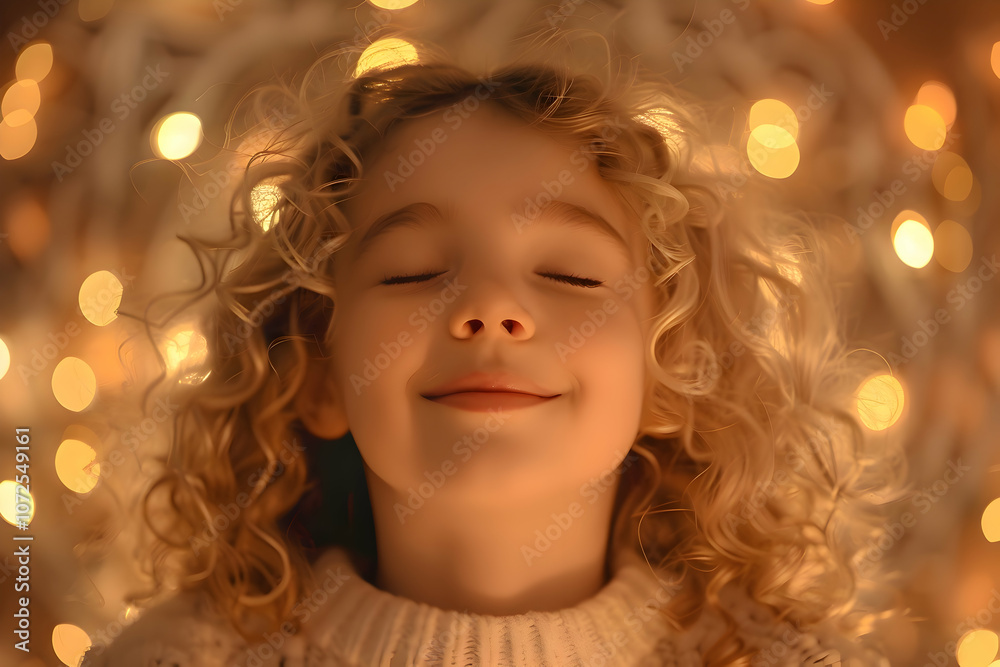 Portrait of a curly haired dreaming girl in a dream. A child with closed eyes and a smile on her face. On the background of warm light. Concept of birthday, new year, waiting for a miracle Portrait of a curly haired dreaming girl in a dream. A child with closed eyes and a smile on her face. On the background of warm light. Concept of birthday, new year, waiting for a miracle