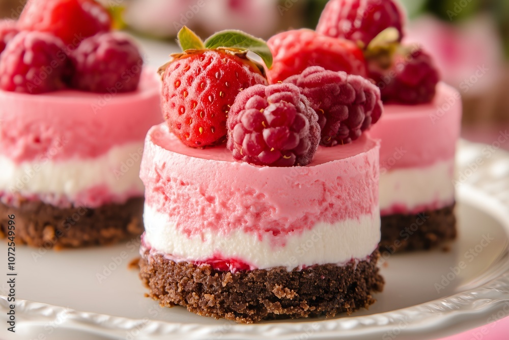layered mini berry cheesecakes with a brown crust and pink filling, stacked for Valentines layered mini berry cheesecakes with a brown crust and pink filling, stacked for Valentines