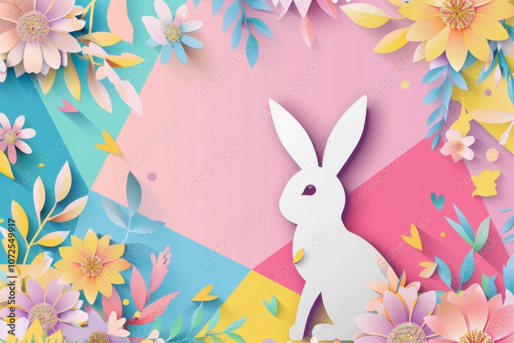 Obraz premium Easter Paper Card with Bunny, Rabbit Shape Frame, Spring Flowers on Colorful Geometric Background