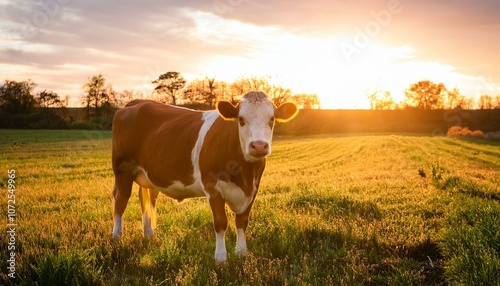 cow in a field at sunset