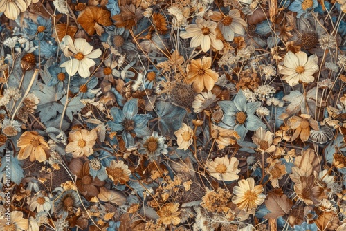 Dry Plants Seamless Pattern, Decorative Twigs, Seeds and Flowers Top View, Dried Flowers Endless Tile