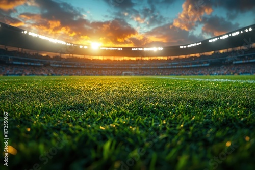 A vibrant sunset casts light over a soccer field during an evening match in a packed stadium photo