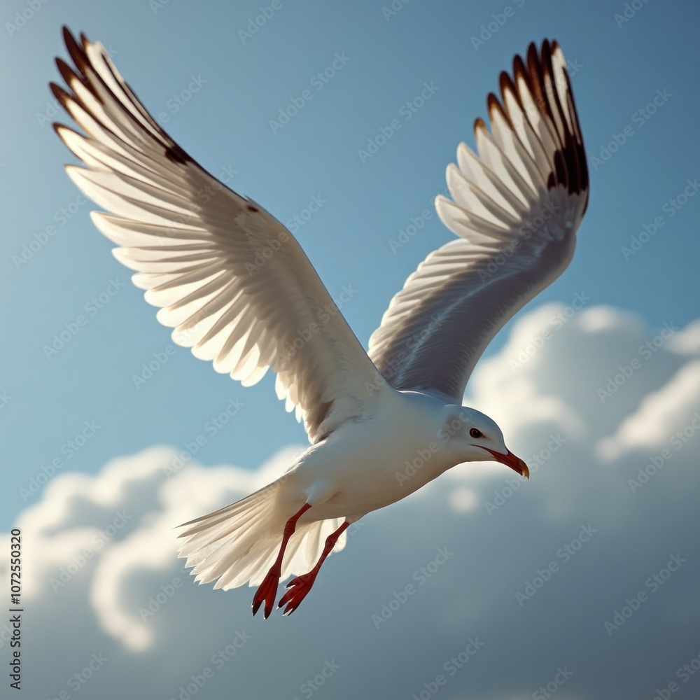 Obraz premium Seagull soars in blue sky with white clouds. Bird has white feathers with black markings on wing tips. Red legs and beak. Wildlife, nature, freedom, animal.