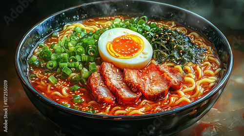 Bol de Ramen Traditionnel Japonais avec Garnitures Authentiques photo