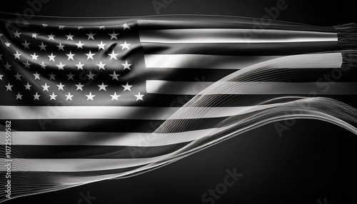 a black and white american flag waving on a black background generative ai