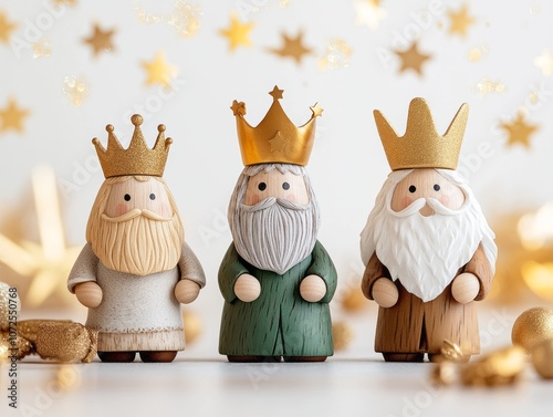 Three Kings figurines with crowns and a star, representing the Epiphany, on a festive background photo