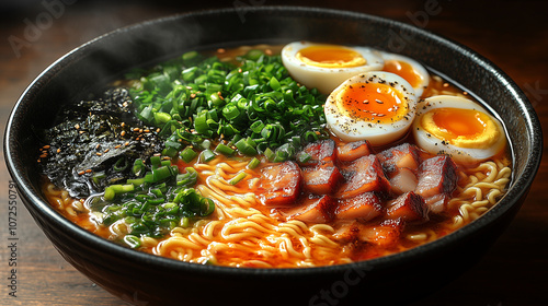 Bol de Ramen Traditionnel Japonais avec Garnitures Authentiques photo