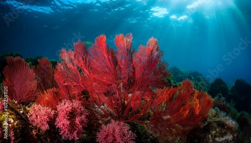 vibrant red algae seaweed underwater in the ocean