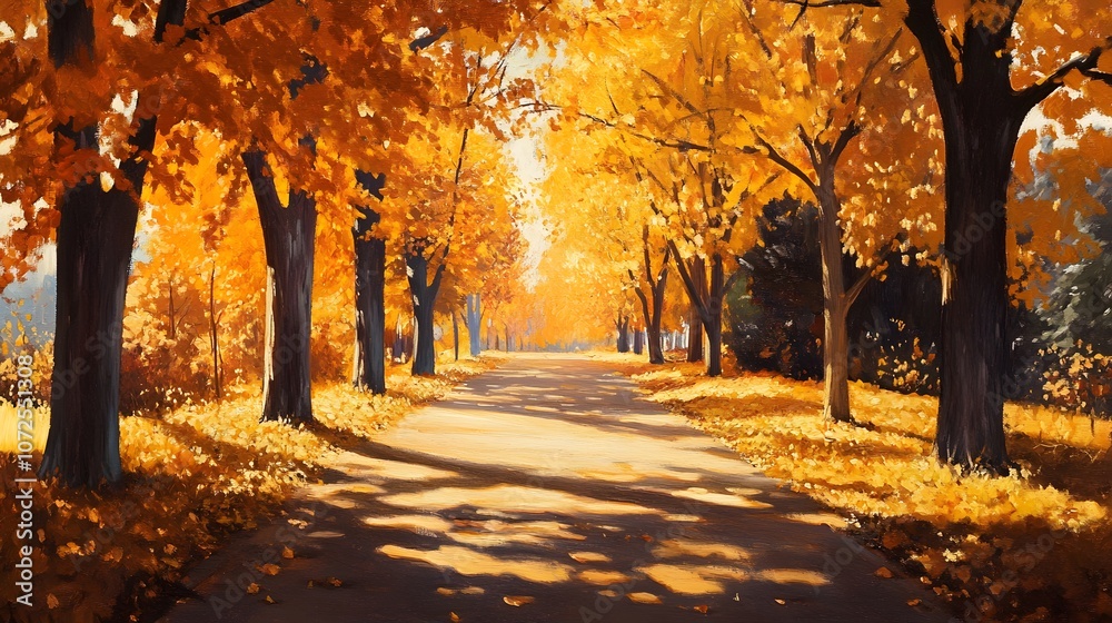 Naklejka premium Maple avenue in autumn golden leaves long shadows