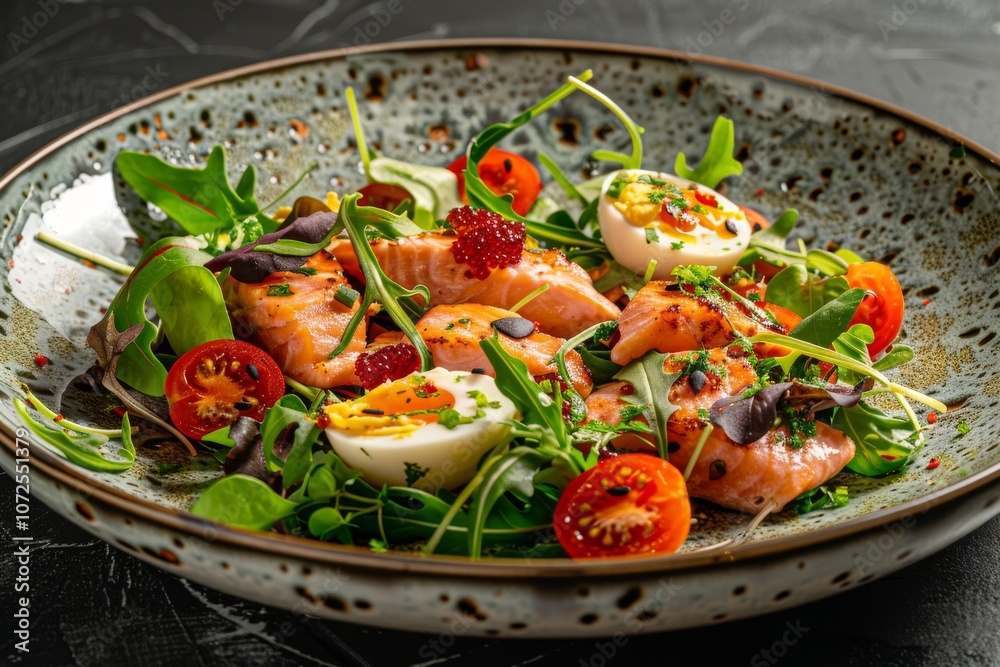Smoked Salmon Salad, Red Caviar Salat with Dried Cherry Tomatoes, Quail Eggs and Greens, Seafood Smoked Salmon Salad, Red Caviar Salat with Dried Cherry Tomatoes, Quail Eggs and Greens, Seafood