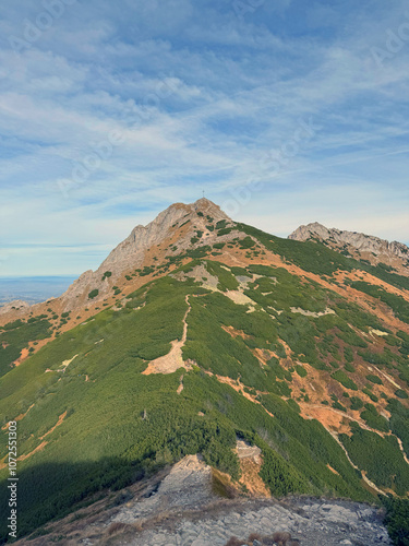 Mount Giewont with a cross at its summit, Tatra Mountains, Poland, an iconic and revered mountain landmark